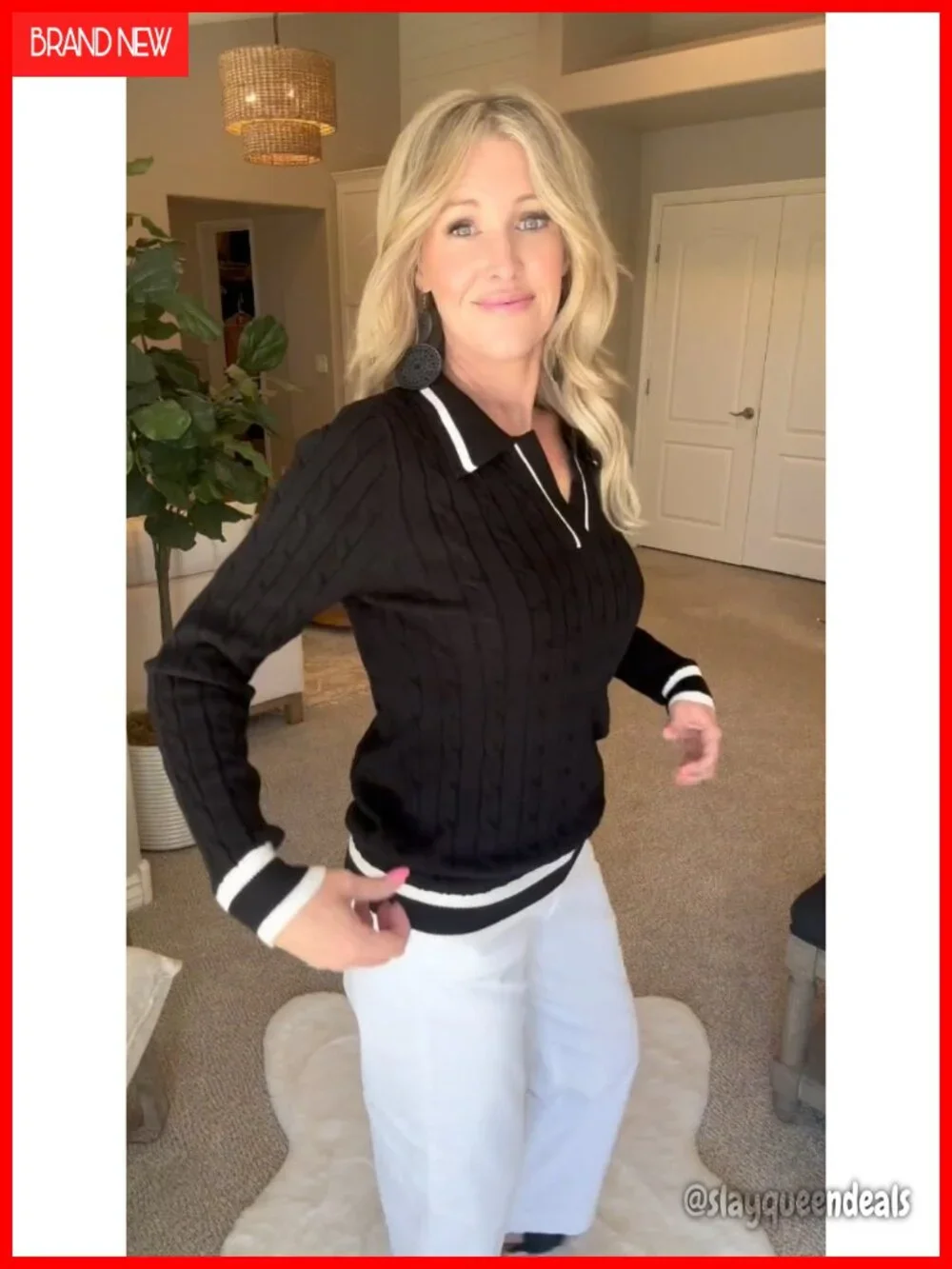 Lapel V Neck Cable Knit Pullover Sweater Long Sleeve Soft Jumper